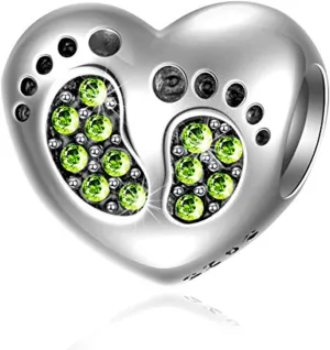 Footprint Heart Charm with August Birthstone for Pandora Mother Day Bracelets, 925 Sterling Silver Mom Love Peridot Green Beads, Gifts for Christmas