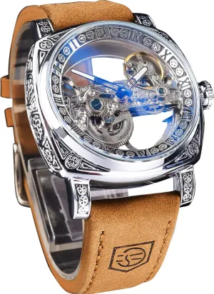 FORSINING Men's Luxury Square Carving Mechanical Watch, Retro Totem Double Sided Hollow Skeleton Self-Wind Automatic Watches, Vintage Leather Strap Wristwatch Reloj para Hombre