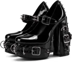 Frankie Hsu Women's Gothic Large Size Black Patent Leather Buckle Belt Ring Rivet Shinny Sexy Platform Chunky High Heels Ankle Strap Heeled Bootie Shoes