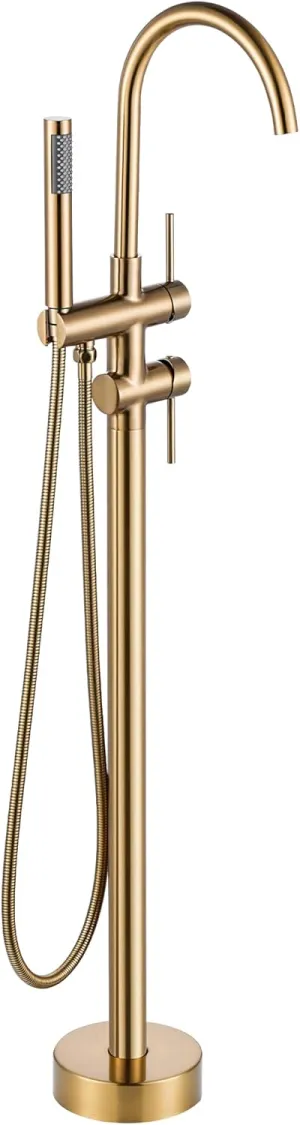 Freestanding Bathtub Faucet Brushed Gold, Floor Mount Tub Filler, High Flow Brass Shower Faucets with Handheld Sprayer for Bathroom