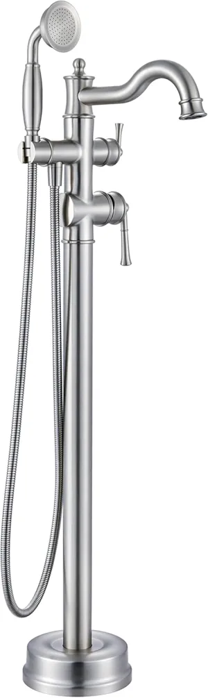 Freestanding Floor Mount Tub Filler with Handheld Shower Roman Bathtub Faucet by Brushed Nickel Finish, Swivel Spout with Brass Rough-in and Water Hose