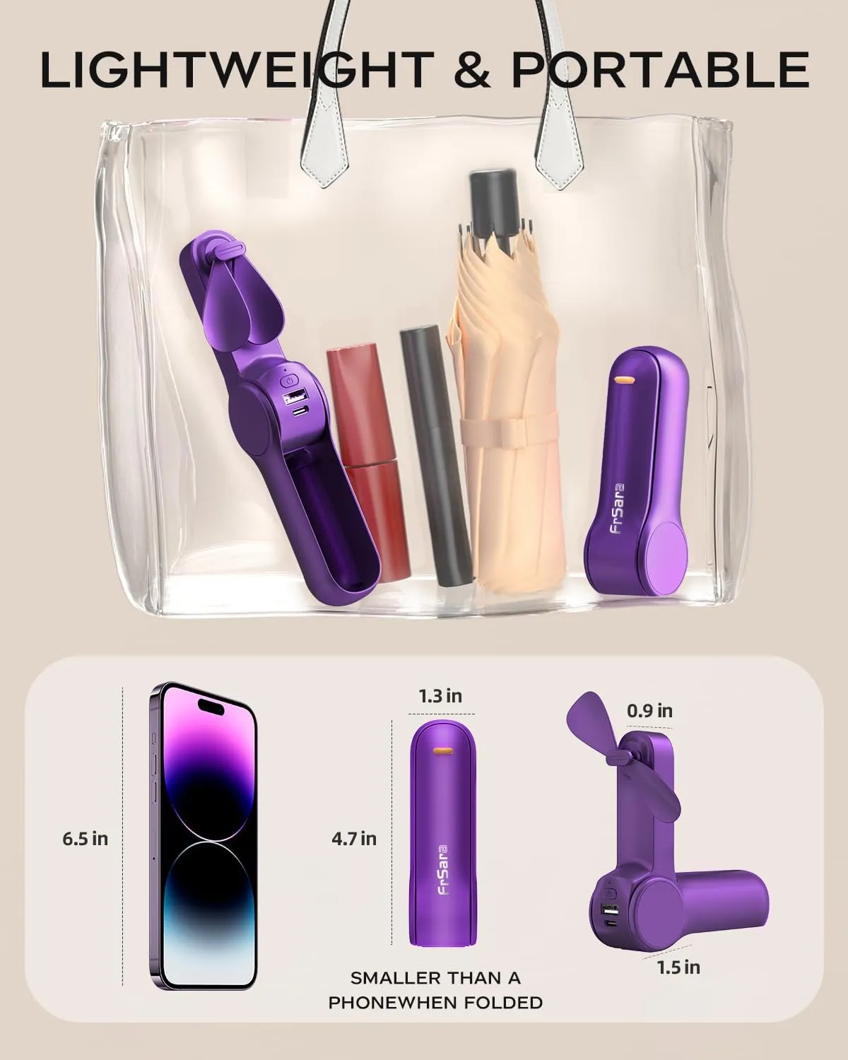 FrSara Portable Handheld Fan Rechargeable, USB Rechargeable Small Pocket Fan, 2000mAh Battery With Power Bank, Upgraded Long Battery Life, Three-Speed, Suitable for Women Outdoors and Travel