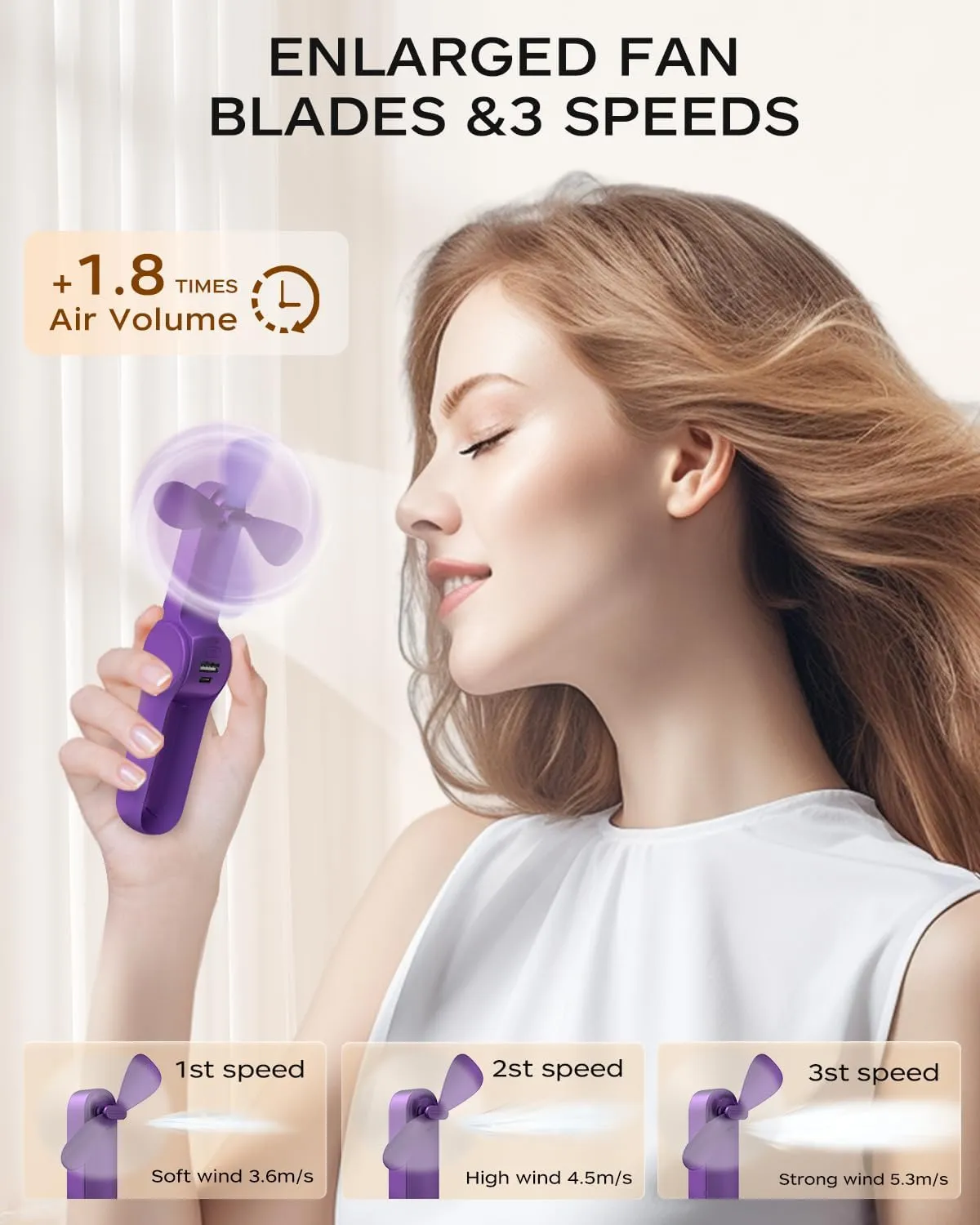 FrSara Portable Handheld Fan Rechargeable, USB Rechargeable Small Pocket Fan, 2000mAh Battery With Power Bank, Upgraded Long Battery Life, Three-Speed, Suitable for Women Outdoors and Travel