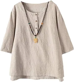 FTCayanz Women's Linen Tops Shirts Summer Casual Jacquard Tunic Blouse