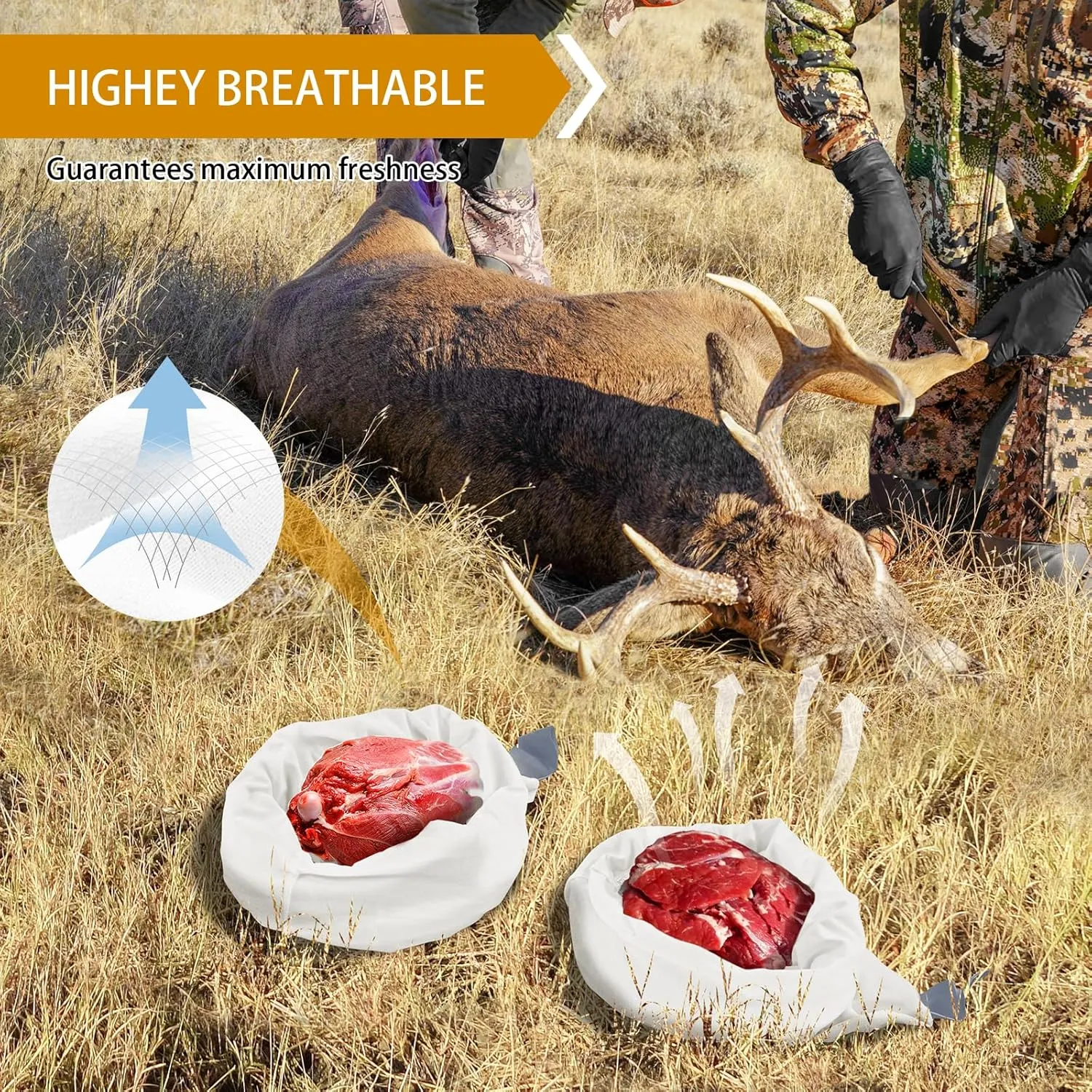 Game Bags Elk Hunting Meat Bags 5 Pack, 48inch/60inch Reusable Rolled Heavy Duty Elk Quarter Bags with Reflective Strips and Gloves for Meat, Deer, Moose, Antelope, Duck