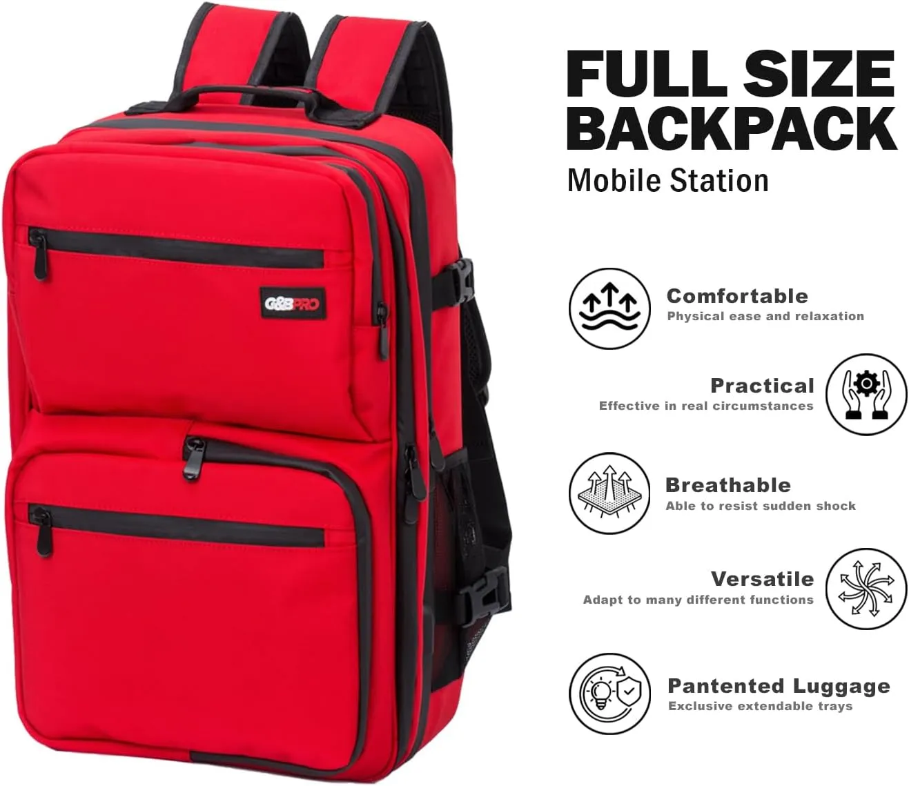 G&BPRO Full Size Backpack with Extending Tray System | All-in-one Mobile Workstation Travel Bag (Red)