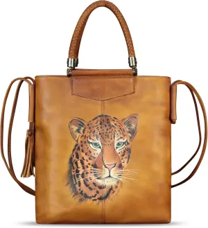 Genuine Leather Handbag for Women Hand Painted Leather Top Handle Bag Handmade Crossbody Purse Work Tote Bag