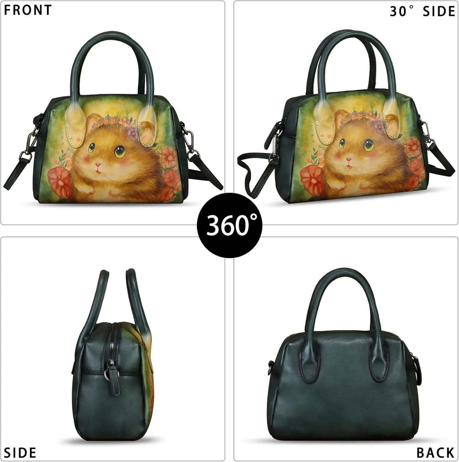 Genuine Leather Handbag for Women Hand Painted Top Handle Purse Retro Handmade Satchel Vintage Crossbody Hobo Bag
