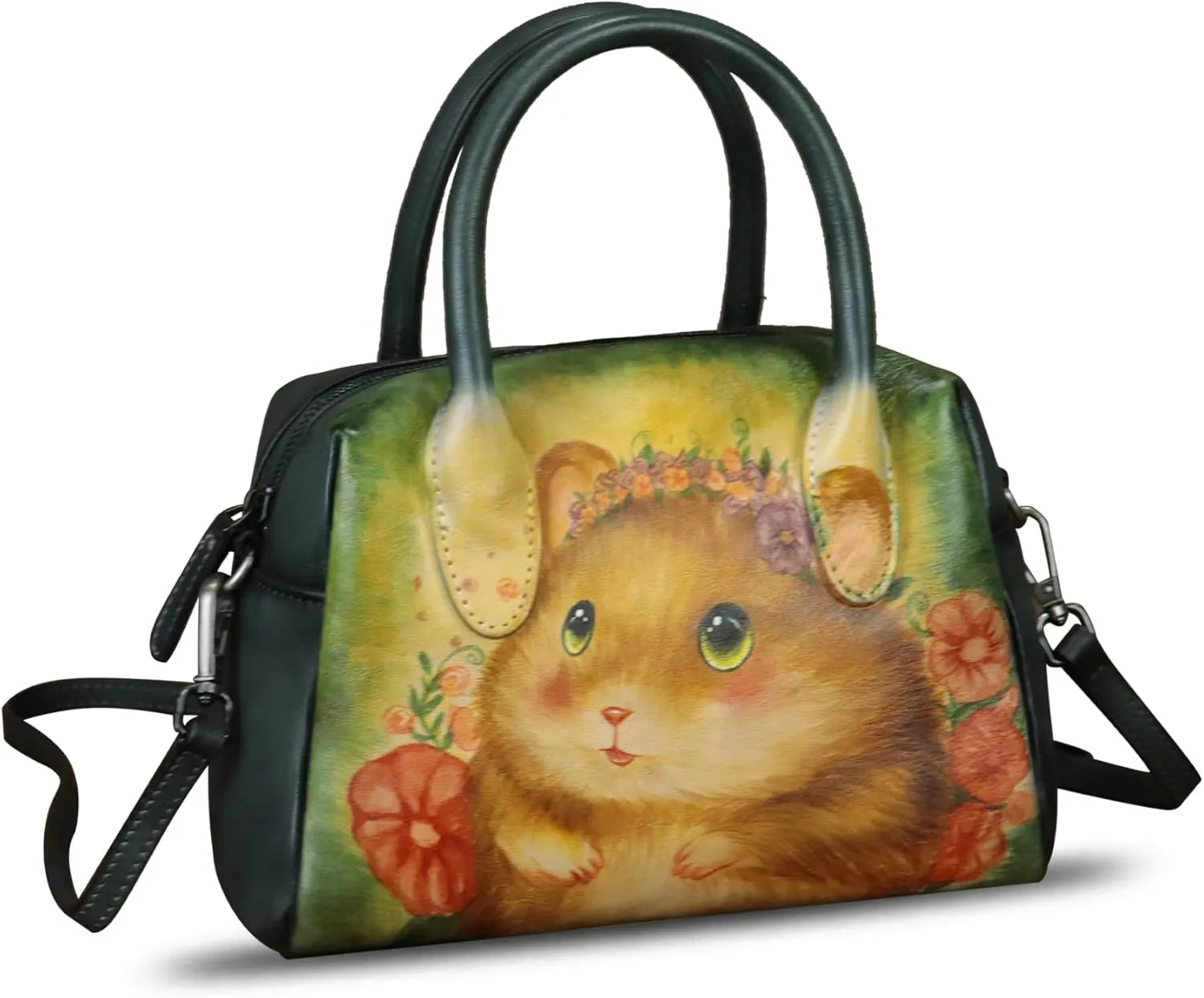 Genuine Leather Handbag for Women Hand Painted Top Handle Purse Retro Handmade Satchel Vintage Crossbody Hobo Bag