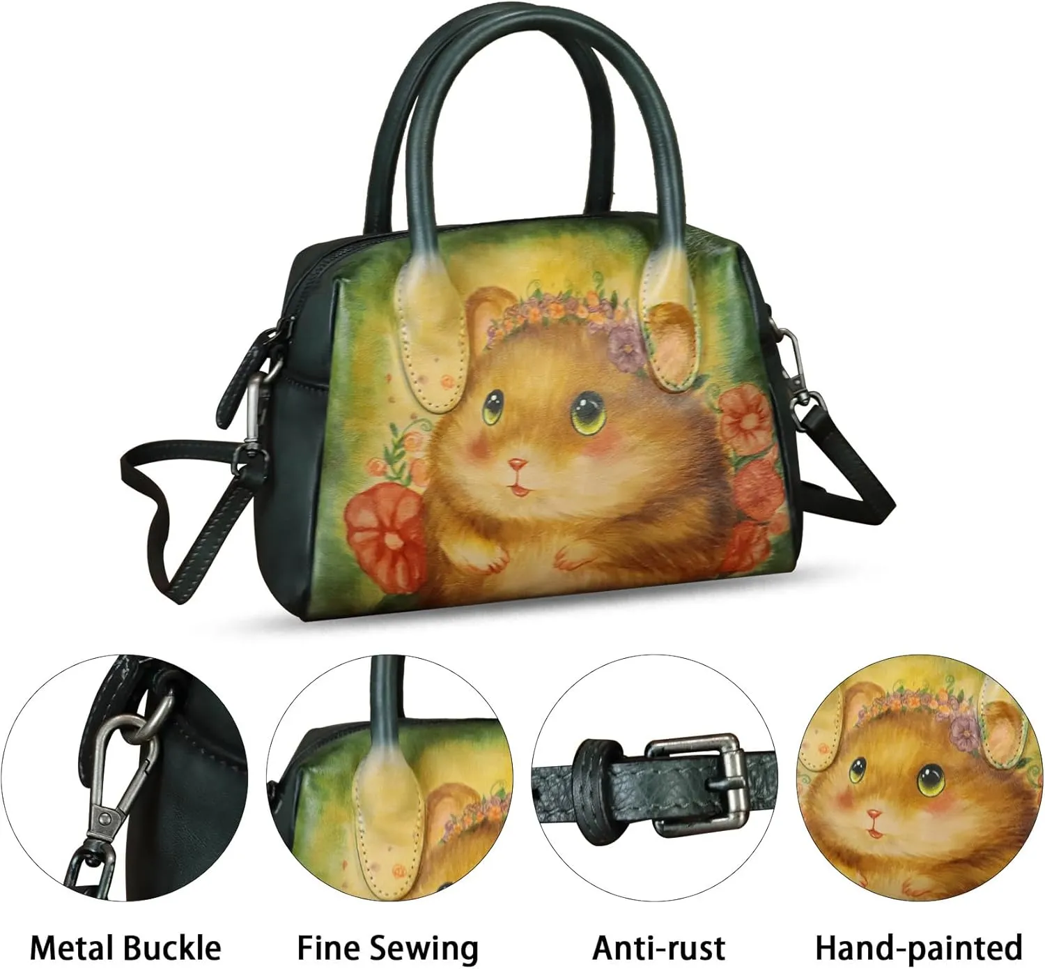 Genuine Leather Handbag for Women Hand Painted Top Handle Purse Retro Handmade Satchel Vintage Crossbody Hobo Bag