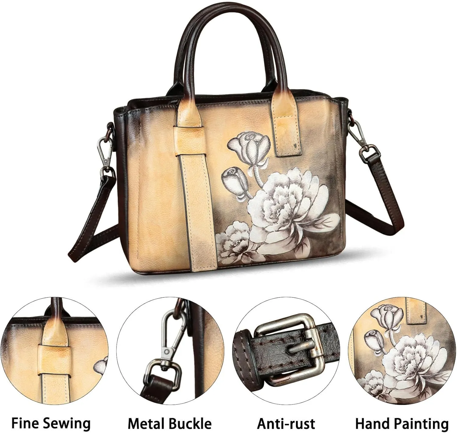 Genuine Leather Satchel for Women Hand Painted Leather Handbag Top Handle Bags Handmade Purse Crossbody Bag