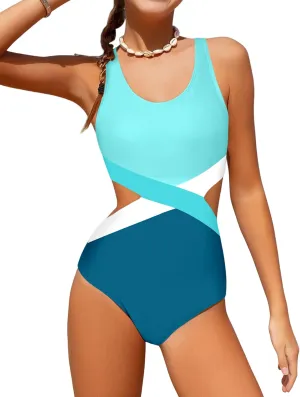 Girls Swimsuit One Piece Cutout Bathing Suit for Girls Cute Swimwear Color Block Beach Padded 7-16y
