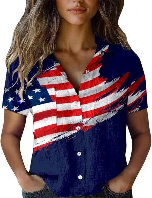GOKKILRW 4th of July Womens Shirts USA Patriotic Outfits Button Down Short Sleeve Funny Hawaiian T-Shirts Beach Travel Tops