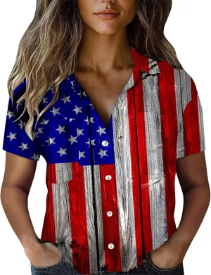 GOKKILRW 4th of July Womens Shirts USA Patriotic Outfits Button Down Short Sleeve Funny Hawaiian T-Shirts Beach Travel Tops