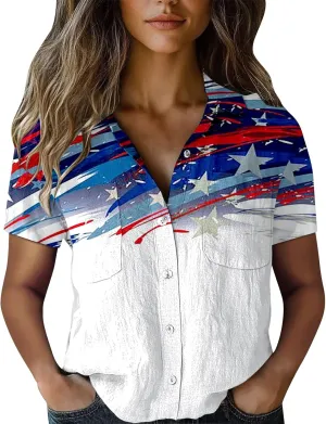 GOKKILRW 4th of July Womens Shirts USA Patriotic Outfits Button Down Short Sleeve Funny Hawaiian T-Shirts Beach Travel Tops