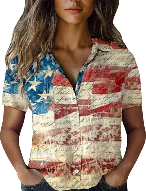 GOKKILRW 4th of July Womens Shirts USA Patriotic Outfits Button Down Short Sleeve Funny Hawaiian T-Shirts Beach Travel Tops