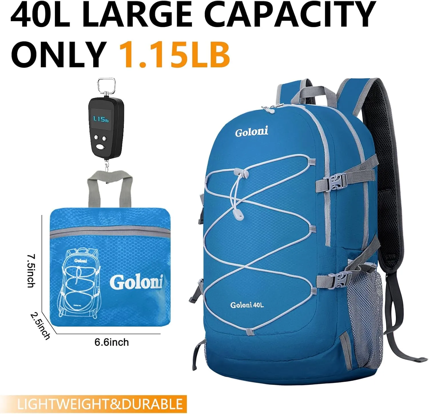 Goloni Ultra Lightweight Packable Backpack 40L - Foldable Hiking Backpack Water Resistant Small Foldable Daypack for Travel,Po Blue