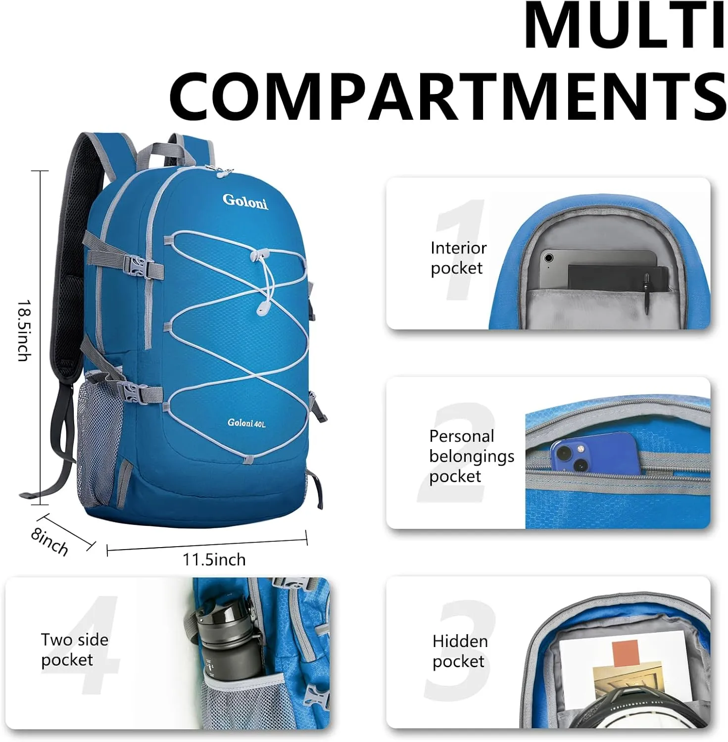 Goloni Ultra Lightweight Packable Backpack 40L - Foldable Hiking Backpack Water Resistant Small Foldable Daypack for Travel,Po Blue