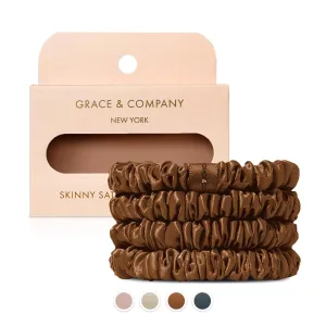 Grace & Company Silky Satin Scrunchies for Women - Premium Satin Silk Scrunchies, No-Crease Hair Ties for Curly, Thick or Fine Hair - 4pk Skinny, Oeko-Tex Certified - Cardamom