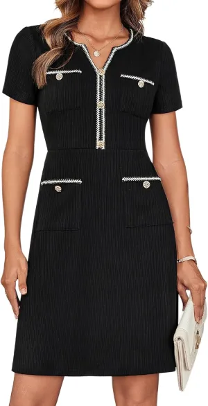 GRACE KARIN Women 2025 Summer V Neck Short Sleeve Button Knit Color Block A Line Elegant Formal Work Dresses with Pocket