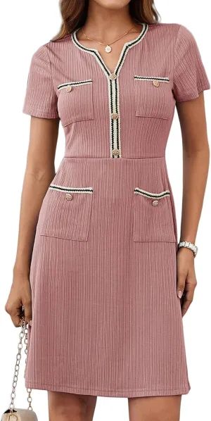 GRACE KARIN Women 2025 Summer V Neck Short Sleeve Button Knit Color Block A Line Elegant Formal Work Dresses with Pocket