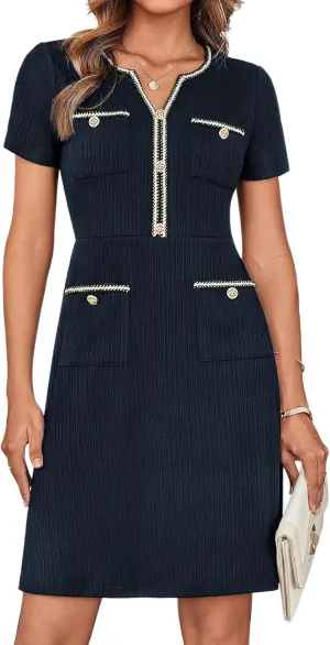 GRACE KARIN Women 2025 Summer V Neck Short Sleeve Button Knit Color Block A Line Elegant Formal Work Dresses with Pocket