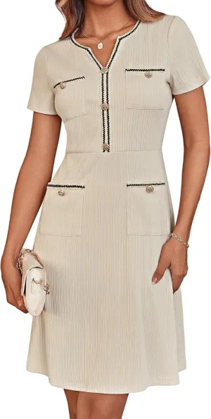 GRACE KARIN Women 2025 Summer V Neck Short Sleeve Button Knit Color Block A Line Elegant Formal Work Dresses with Pocket