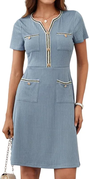 GRACE KARIN Women 2025 Summer V Neck Short Sleeve Button Knit Color Block A Line Elegant Formal Work Dresses with Pocket