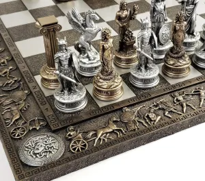 Greek Mythology Olympus Gods Zeus vs Poseidon Pewter and Bronze Color Chess Set with 17" Greek Board