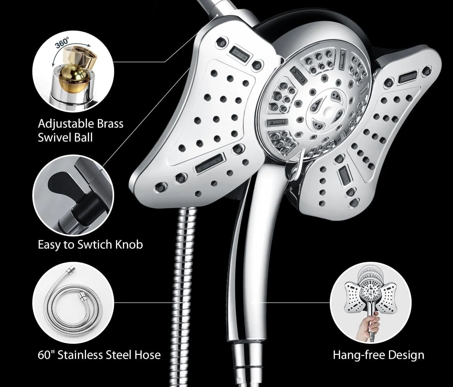 GRICH 2.5GPM Shower Head with Handheld Spray Combo: 2 in 1 Rainfall Shower Heads high pressure & Handheld Shower Head, 9 Spray Modes/Settings Detachable Shower Head with 60 Inch Hose