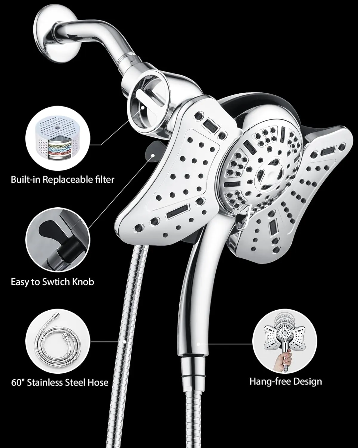 GRICH Filtered Shower Head with Handheld: 2.5GPM Shower Heads with Handheld Spray Combo,2 in 1 Rainfall Shower Head & Handheld Shower Headwith 60 Inch Hose
