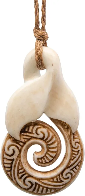Hand Carved Aged Bone Whale Tail Necklace with Infinity Loop and Spiral