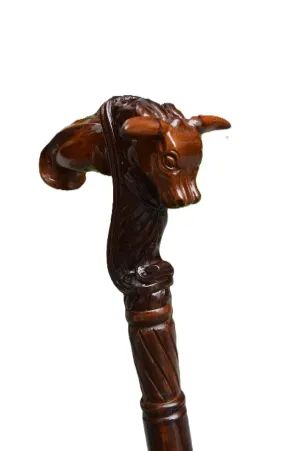 Hand Carved Bull Head Walking Cane With Natural Wood Grain - 36" Unique Design Premium Wood Craved With Ergonomic Palm Grip Handle Wood Carved Walking Cane Gift For Men Women