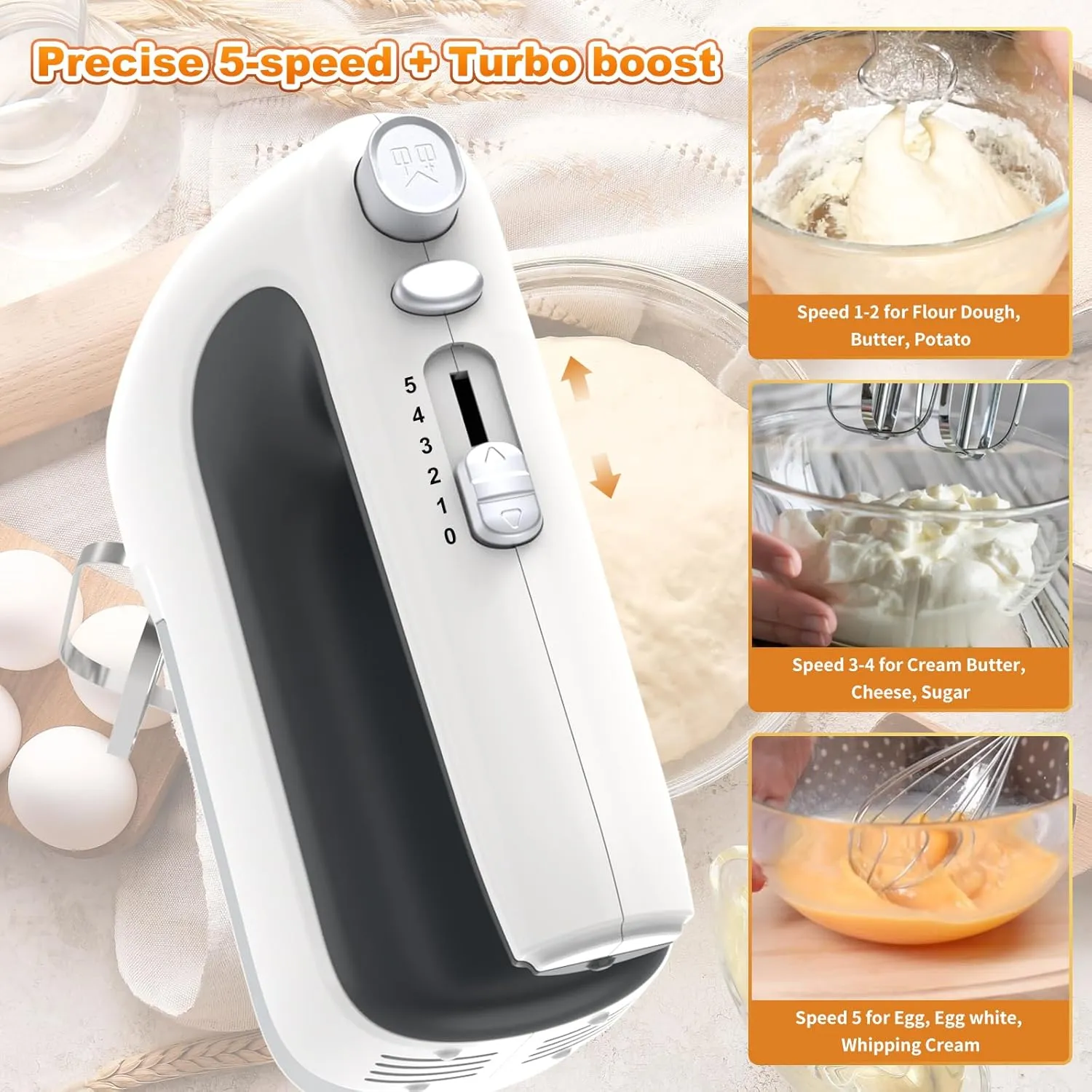 Hand Mixer, 5-Speed 400W Motor with Turbo Boost & Storage Case, 2x Flat Beaters, 2x Dough Hooks, 1x Whisk for Baking (White)