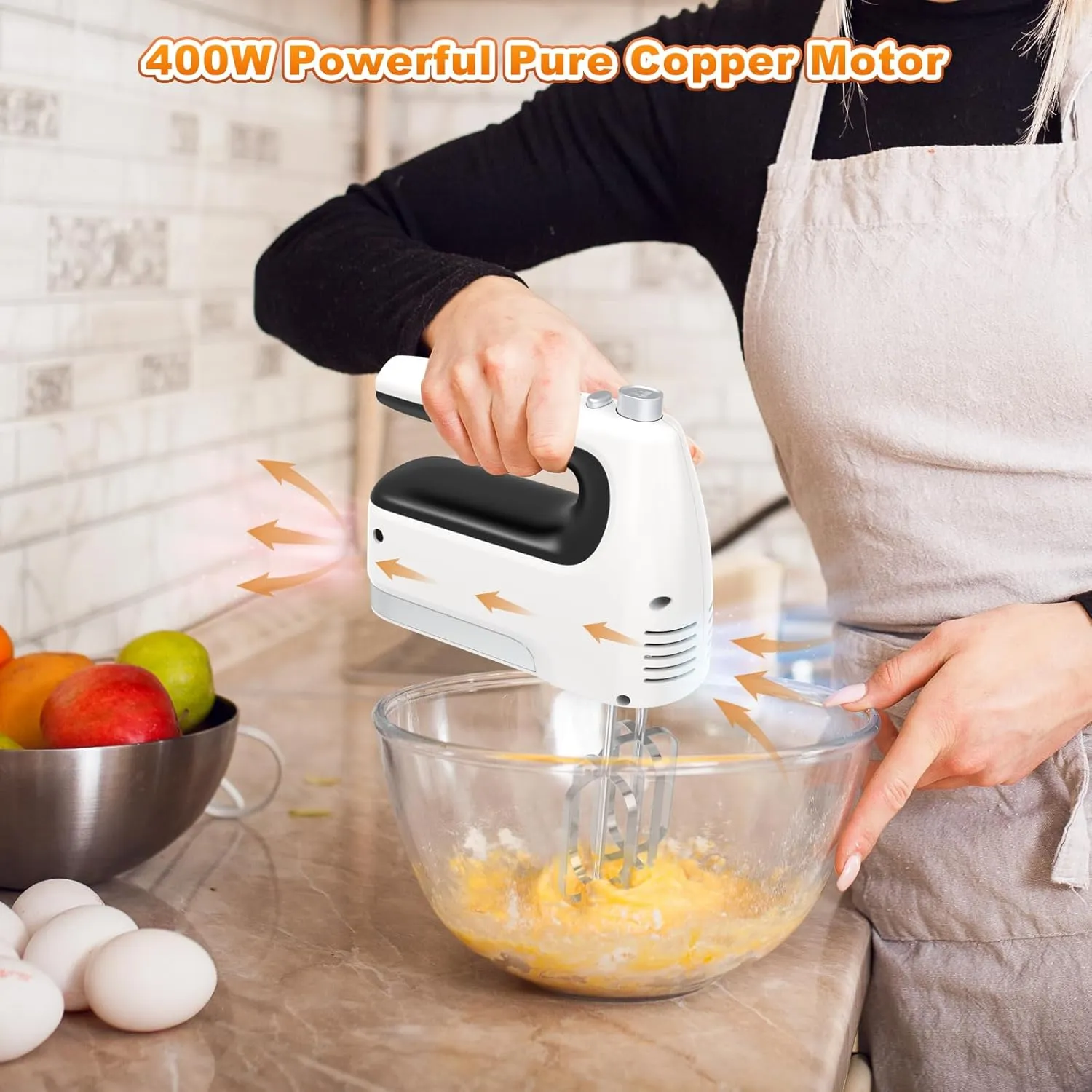 Hand Mixer, 5-Speed 400W Motor with Turbo Boost & Storage Case, 2x Flat Beaters, 2x Dough Hooks, 1x Whisk for Baking (White)