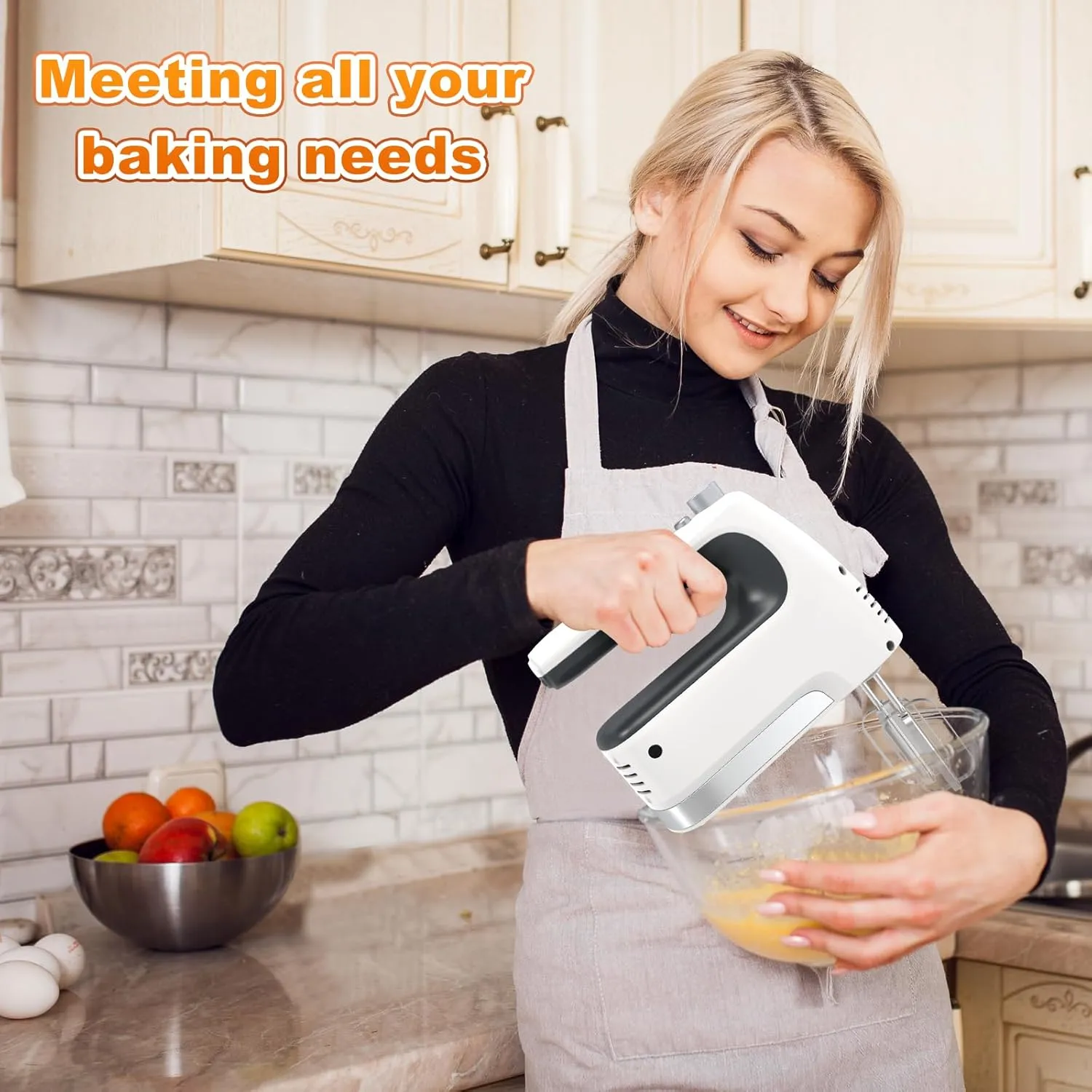 Hand Mixer, 5-Speed 400W Motor with Turbo Boost & Storage Case, 2x Flat Beaters, 2x Dough Hooks, 1x Whisk for Baking (White)