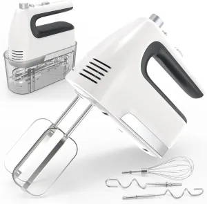 Hand Mixer, 5-Speed 400W Motor with Turbo Boost & Storage Case, 2x Flat Beaters, 2x Dough Hooks, 1x Whisk for Baking (White)