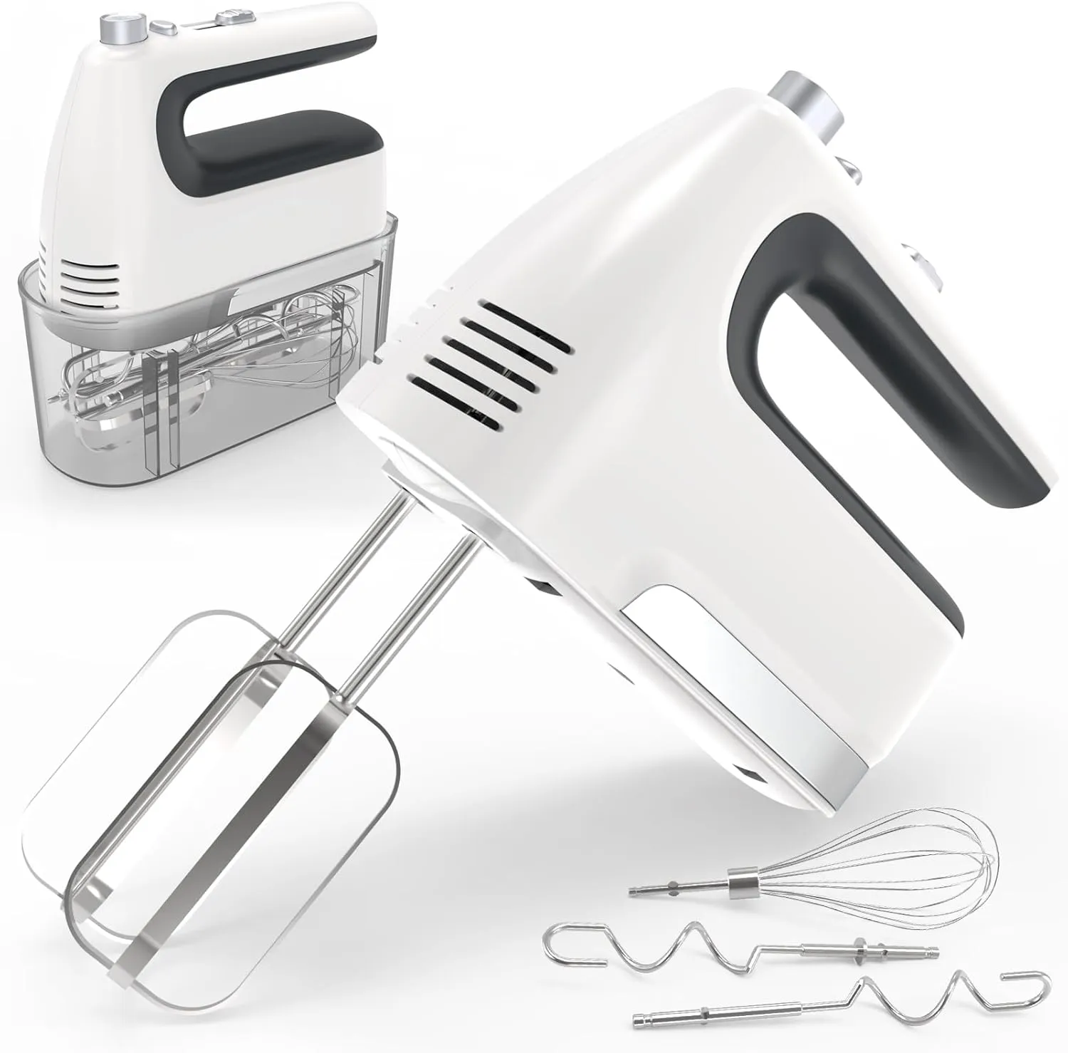 Hand Mixer, 5-Speed 400W Motor with Turbo Boost & Storage Case, 2x Flat Beaters, 2x Dough Hooks, 1x Whisk for Baking (White)