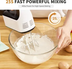 Hand Mixer Electric, IPRSTAR 5-Speed 400w Turbo Power Kitchen Handheld Mixer with Storage Case and 5 Stainless Steel Accessories(Whisk, Beaters, Dough Hooks) Food Mixer for Cake, Batters