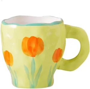 Hand-painted Ceramic Coffee Mug with Handle 2022 Elegant Spring Flower Coffee Mug with Saucer Breakfast Milk Juice Tea Cup for Home Office Gifts Microwave Safe Cute (Tulip)