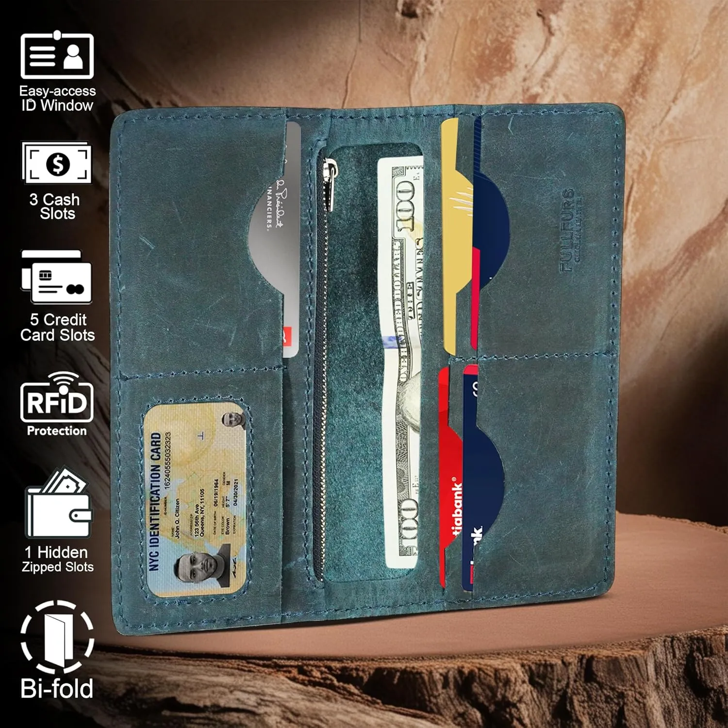 Hand Stitched Genuine Top Grain Long Leather Wallet for men | RFID Blocking Bifold Tall Mens Wallet | 1 ID Window | Total 10 Slots | Perfect leather gifts for men. BLUE