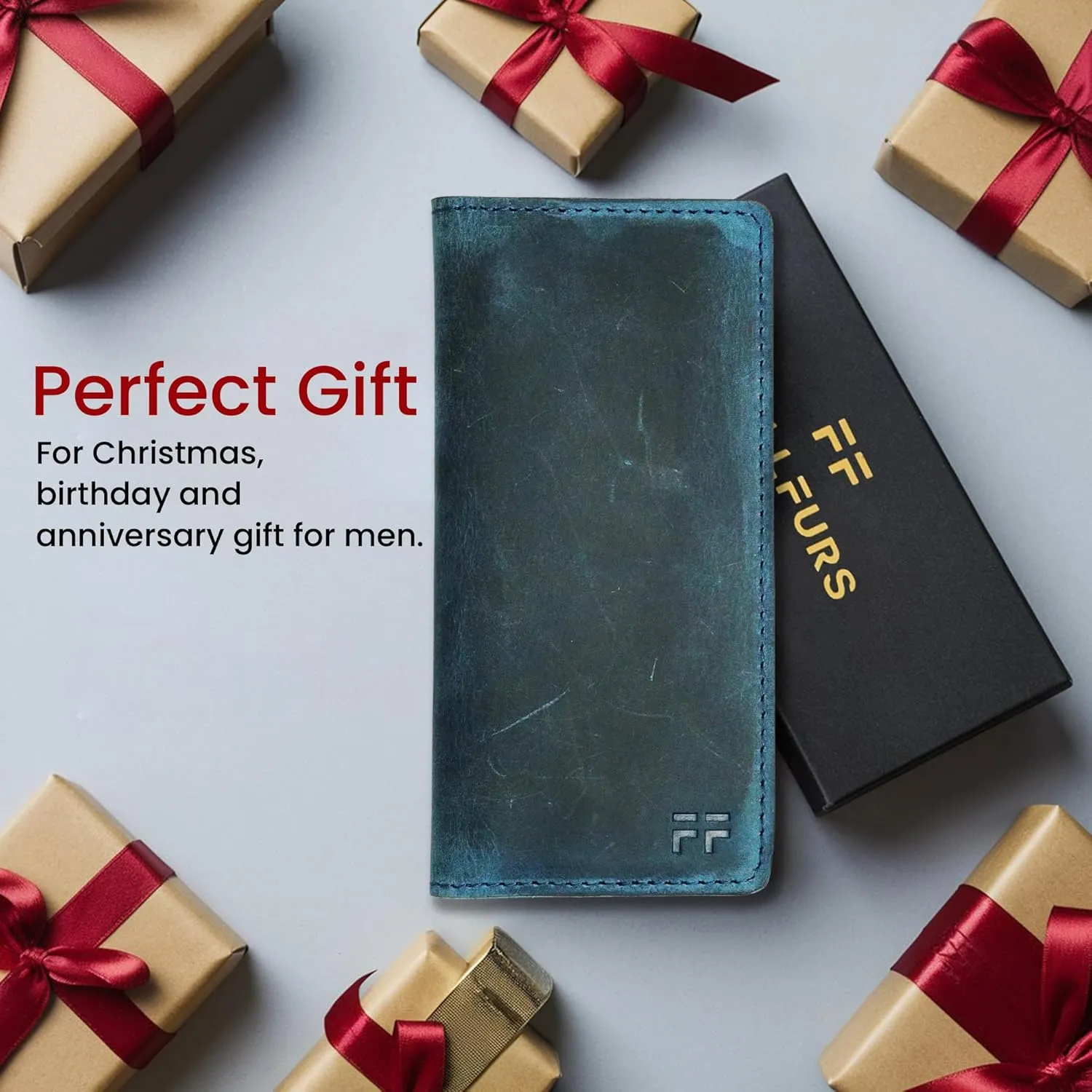 Hand Stitched Genuine Top Grain Long Leather Wallet for men | RFID Blocking Bifold Tall Mens Wallet | 1 ID Window | Total 10 Slots | Perfect leather gifts for men. BLUE