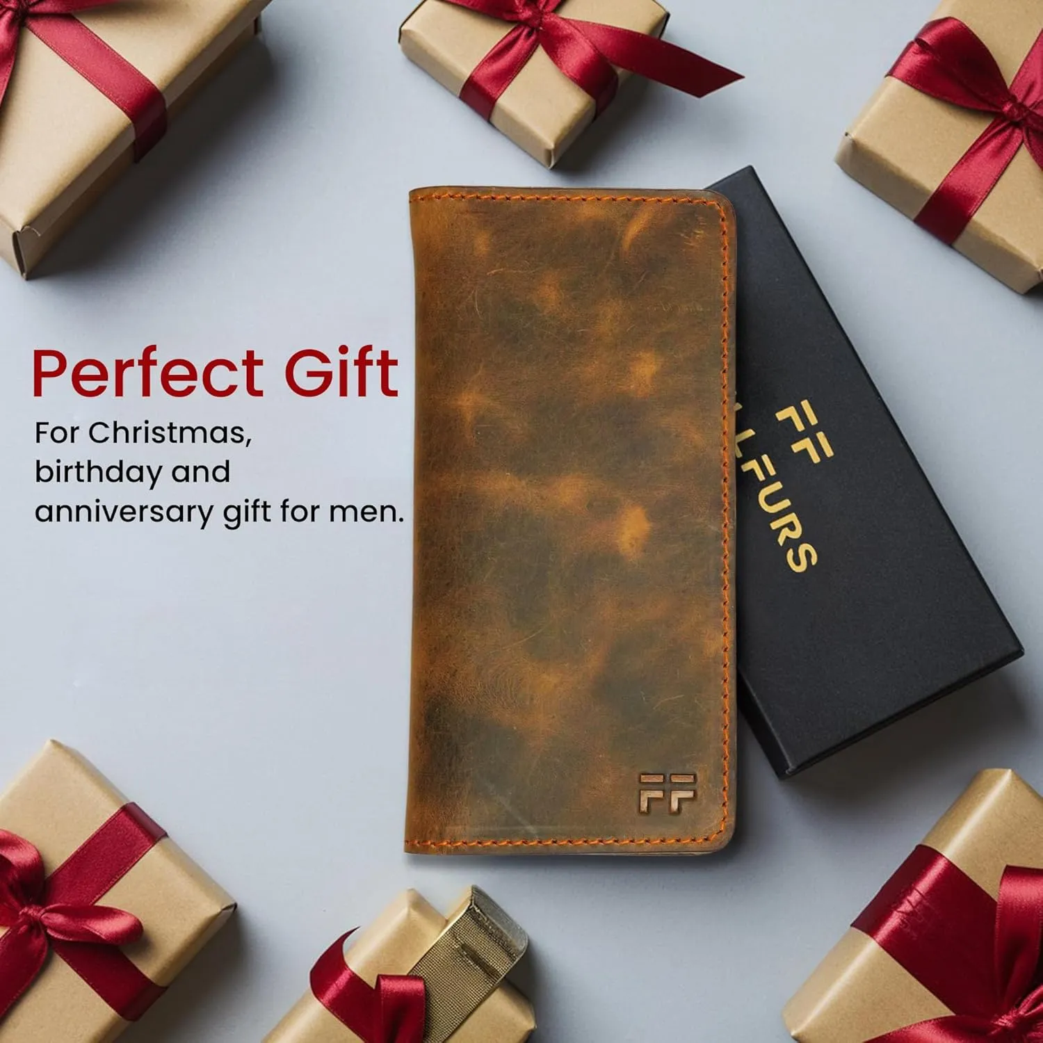 Hand Stitched Genuine Top Grain Long Leather Wallet for men | RFID Blocking Bifold Tall Mens Wallet | 1 ID Window | Total 10 Slots | Perfect leather gifts for men - TAN