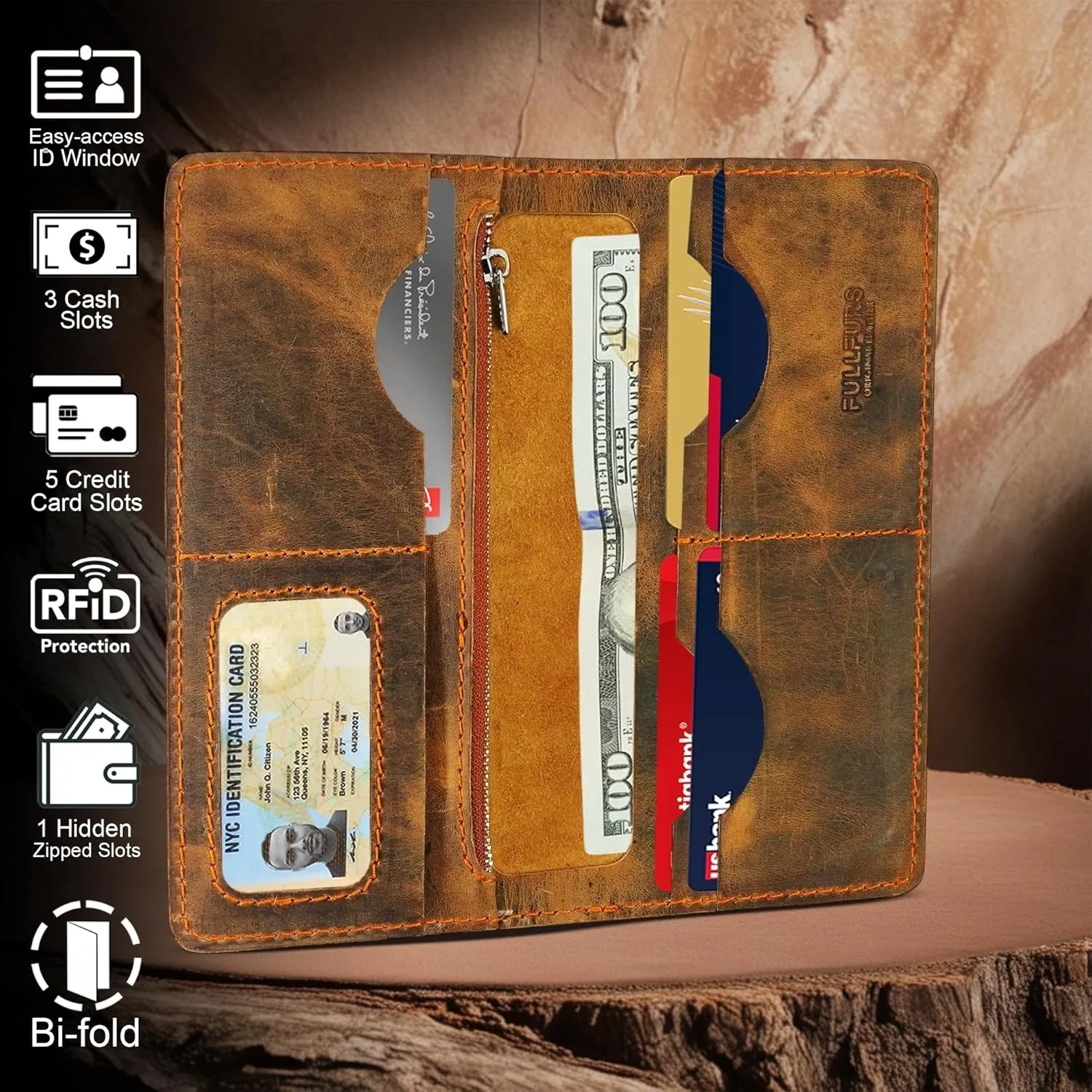 Hand Stitched Genuine Top Grain Long Leather Wallet for men | RFID Blocking Bifold Tall Mens Wallet | 1 ID Window | Total 10 Slots | Perfect leather gifts for men - TAN