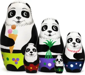 Handmade Panda Nesting Doll Set - 5 Piece Mini Hand Painted Matryoshka Wooden Russian Dolls - Hand Painted Animal Stacking Figurines - Panda Bear Room Decor