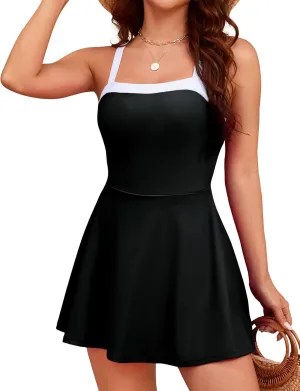 Hanna Nikole Women's One Piece Swimsuits Tummy Control Swimdress Color Block Bathing Suit Skirted Swimwear with Pockets
