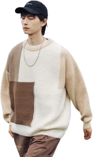 Harajuku Men's Knit Sweater Y2k Color Block Patchwork Pullover Sweater Hip Hop Coogi Loose Round Neck Knit Sweater
