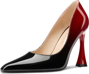 HDEUOLM Womens Stiletto High Heel Square Toe Pumps Slip-on Office Dress Patent Leather 3.9 Inches Heels