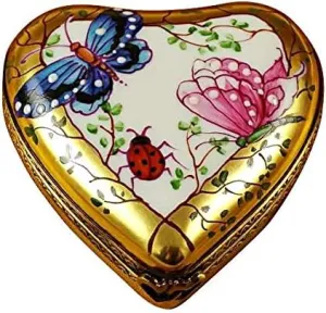 HEART-BUTTERFLY ON GOLD BASE - LIMOGES BOX AUTHENTIC PORCELAIN FIGURINE FROM FRANCE