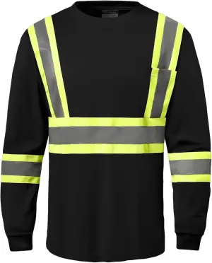 Hi Vis Safety Long Sleeve Shirts，High Visibility Class 3 T Shirts with Reflective Strips and Pocket, Quick Dry Mesh Construction Work Shirt for Men/Women (Black,4XL)